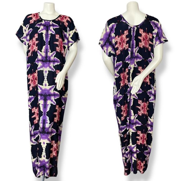Handmade Muumuu Dress Women Maxi Abstract Design Short‎ Sleeve Tie Dye Trippy - Picture 1 of 14